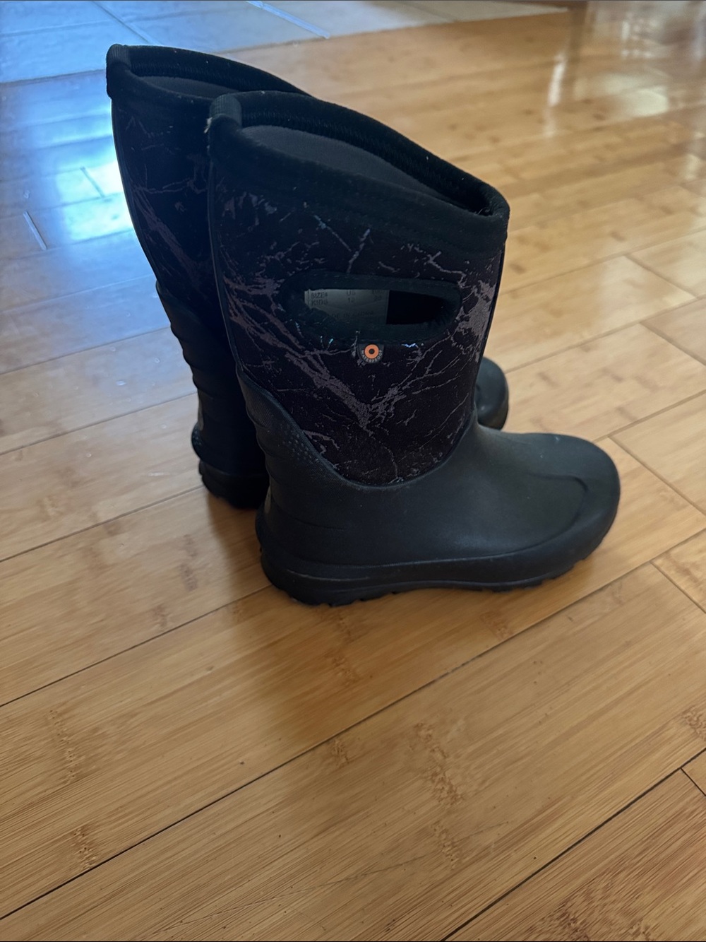Bogs Kids Black Winter Rain Boots with gray, purple, blue swirls